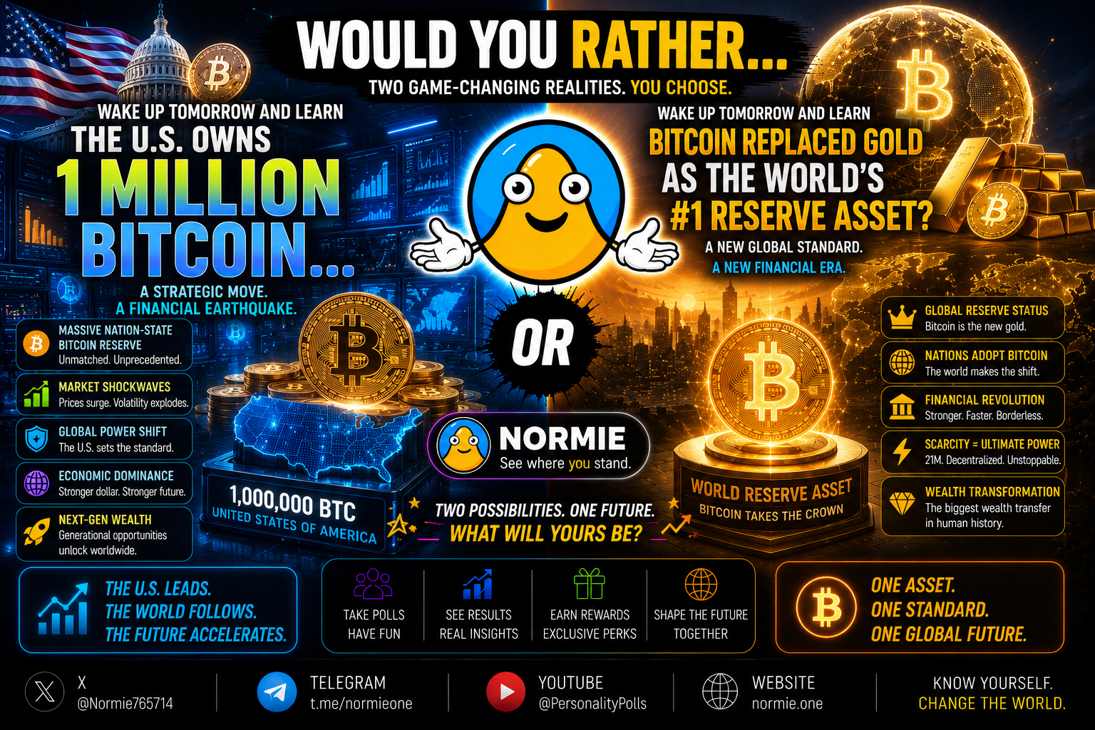 Would You Rather... Wake Up Tomorrow and Learn the U.S. Owns 1 Million Bitcoin... OR Wake Up Tomorrow and Learn Bitcoin Replaced Gold as the World's #1 Reserve Asset?